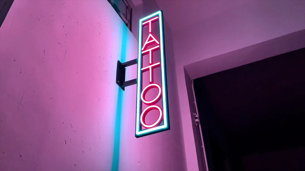Weatherproofed custom neon blade sign mounted outdoors