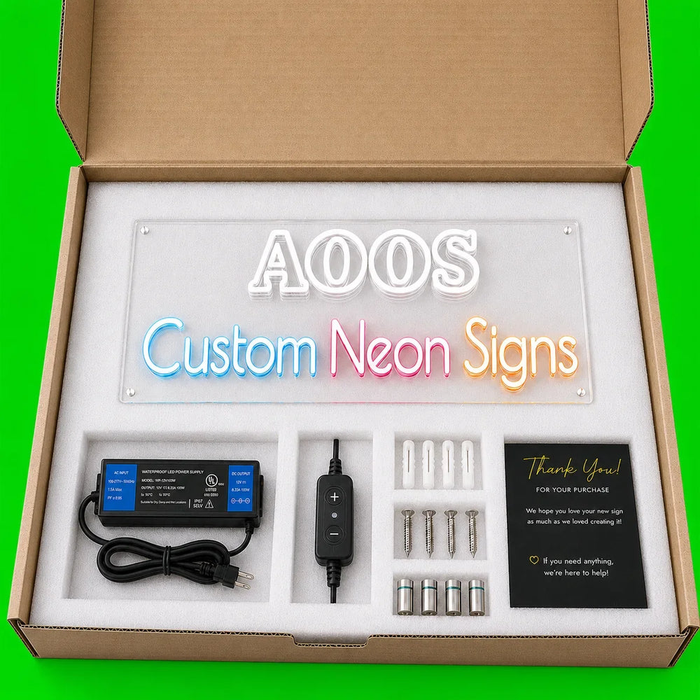 Neon sign packed in a foam lined box before shipping