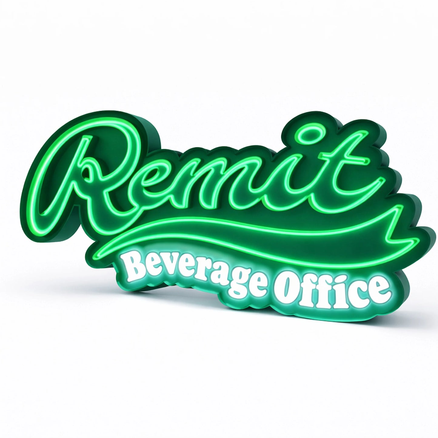 Custom LED neon channel letter sign with green Remit script and white Beverage Office lettering on a shaped dimensional backing
