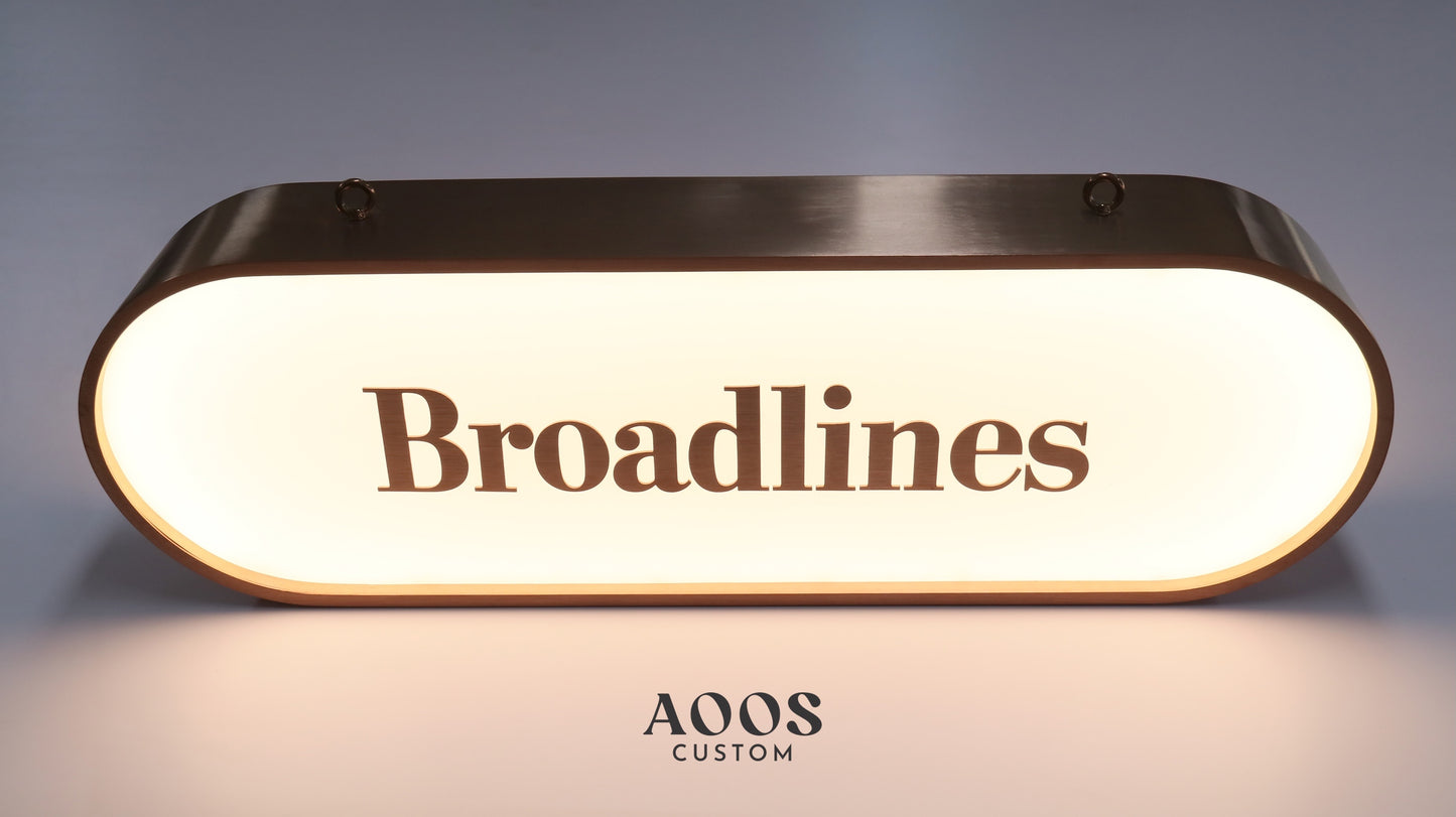 Custom Ceiling Hanging Double Sided LED Hanging Light Box Business Sign, Elongated Oval Capsule Light Box, Brushed Rose Gold Frame Illuminated Signage for Retail Stores, Cafés, Boutiques, and Indoor Branding