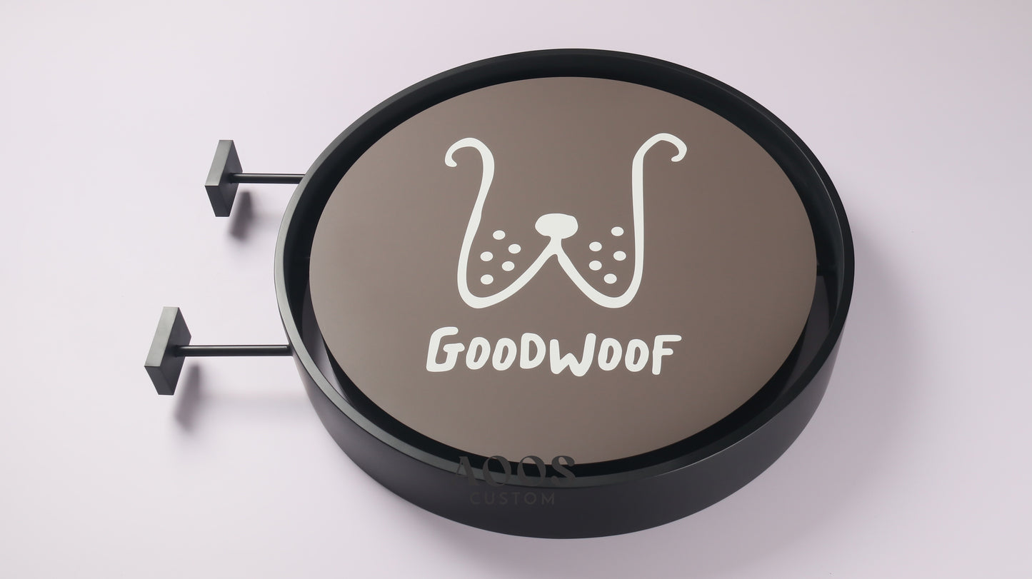 Custom Double-Sided Round Light Box Sign, Outdoor Wall-Mounted LED Shop Sign with Logo Printing, Matte Black Metal Frame for Storefront and Business Branding