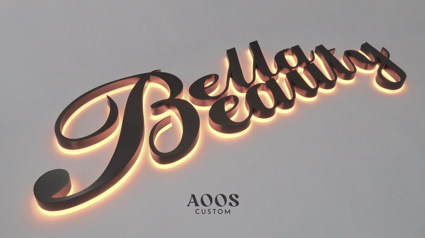 Custom LED Backlit Channel Letters, Halo Lit Illuminated Metal Sign With Backlight, Brushed Black Titanium Finish