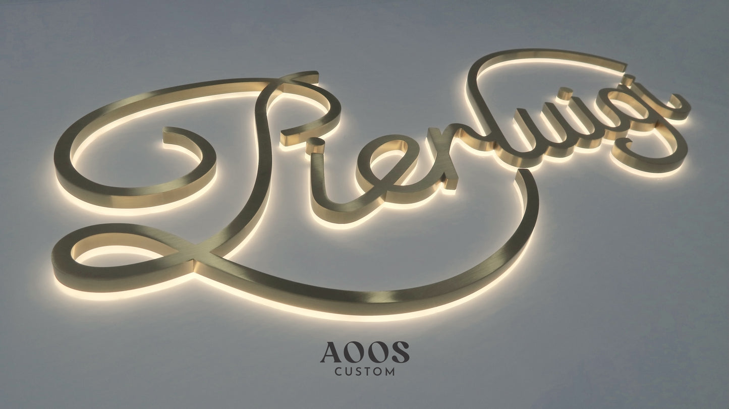 Custom LED Backlit Channel Letters, Halo Lit Illuminated Metal Sign With Backlight, Brushed Gold Finish