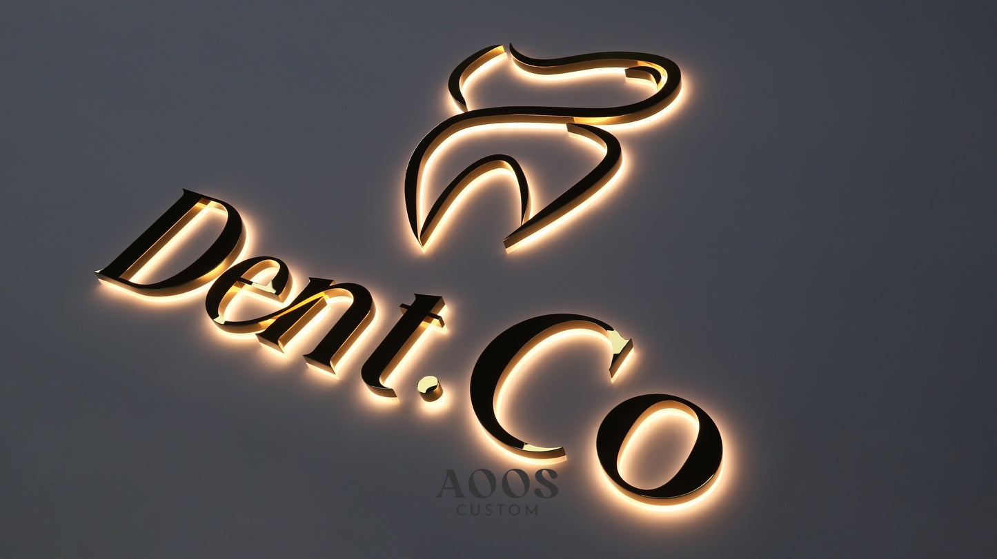 Custom LED Backlit Channel Letters, Halo Lit Illuminated Metal Sign With Backlight, Polished Gold