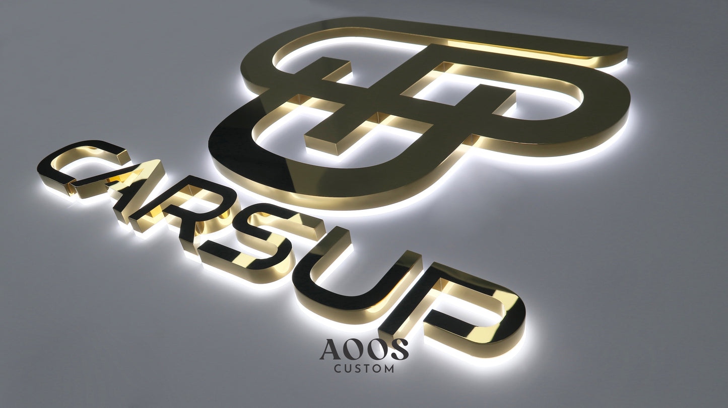 Custom LED Backlit Channel Letters, Halo Lit Illuminated Metal Sign With Backlight, Polished Gold Finish