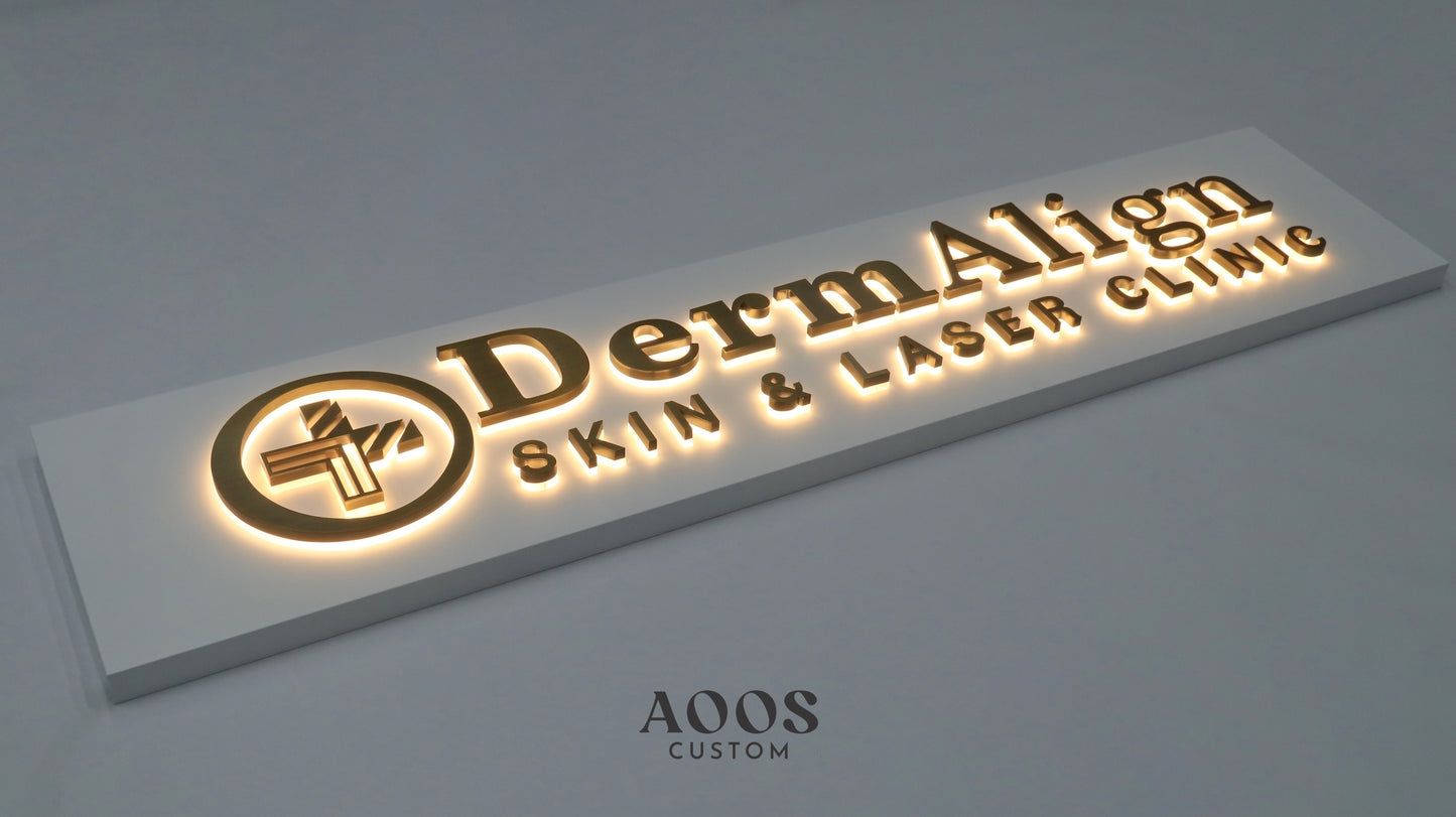Custom LED Backlit Letters, Halo Lit Illuminated Metal Sign With Backlight, Brushed Bronze Finish, Mounted on White Backing