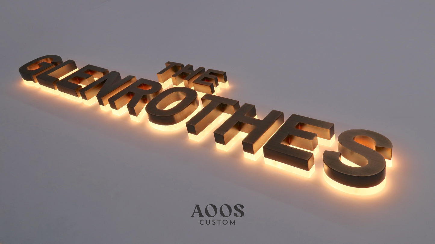 Custom LED Backlit Letters, Halo Lit Illuminated Metal Sign With Backlight, Brushed Red Bronze Finish
