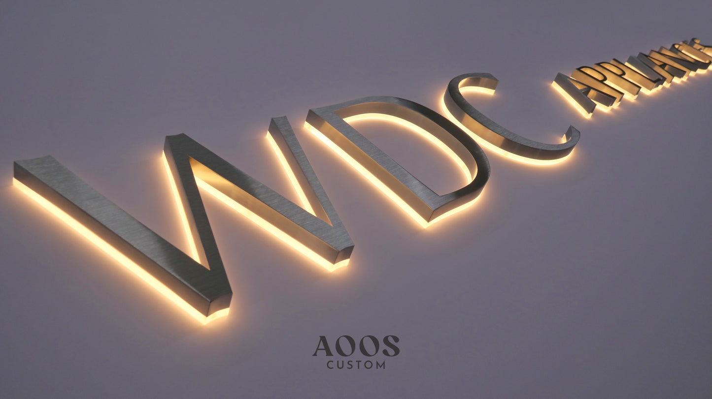Custom LED Backlit Letters, Halo Lit Illuminated Metal Sign With Backlight, Brushed Silver Finish and Warm White Halo Glow