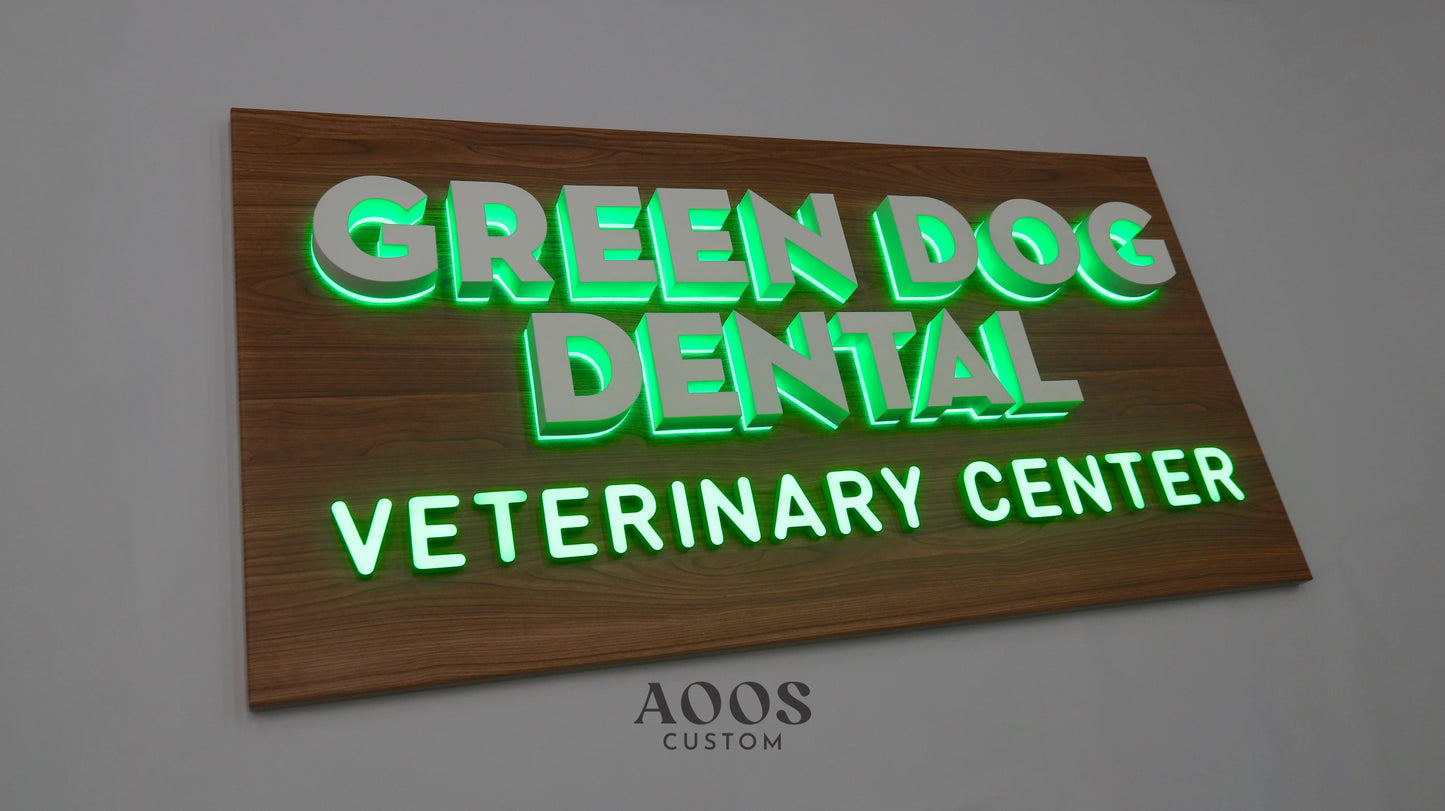 Custom LED Backlit Letters, Halo Lit Illuminated Metal Sign With Backlight, Mounted on Wood-Grain Backing