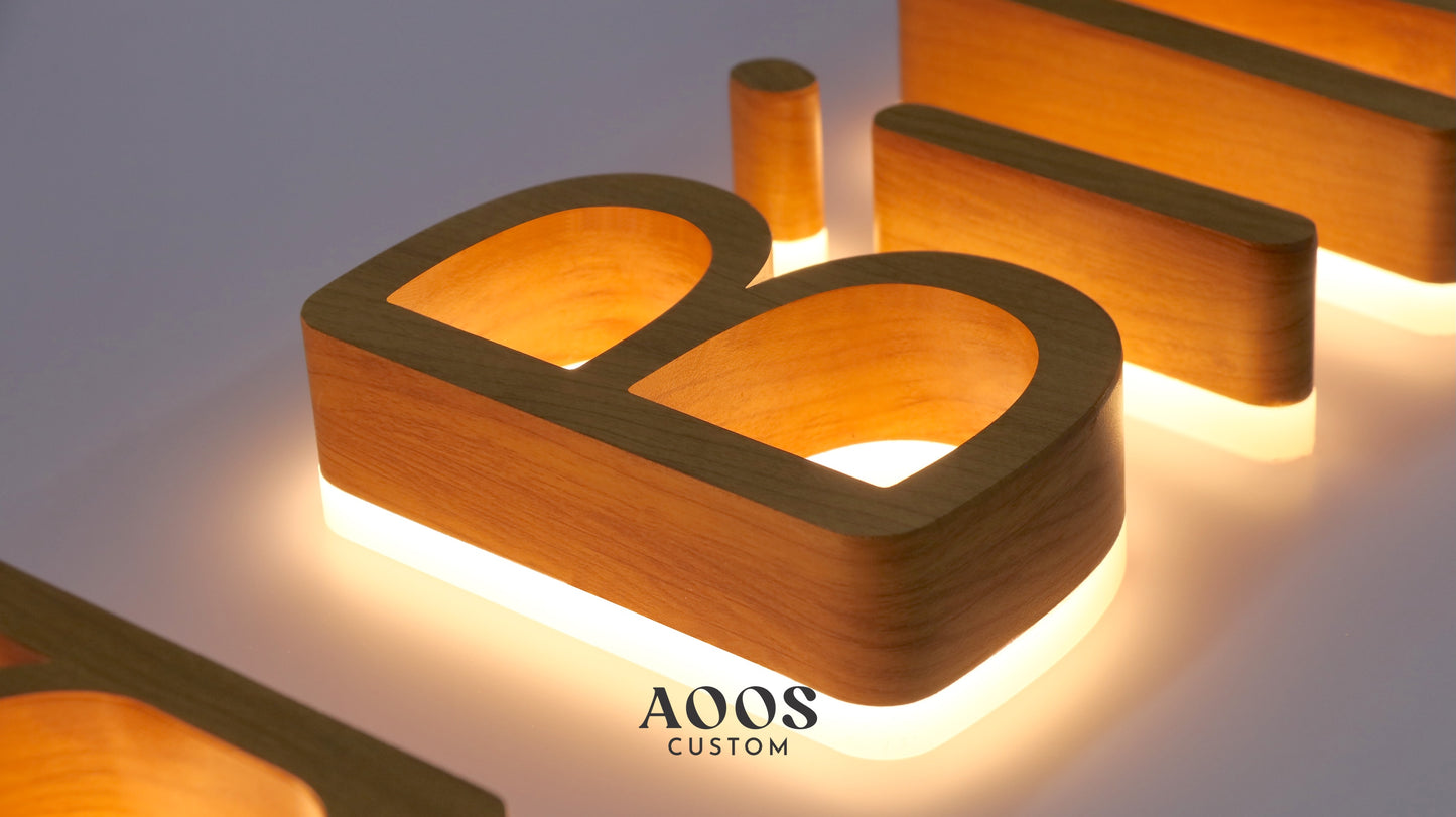 Custom LED Backlit Letters, Halo Lit Illuminated Metal Sign With Backlight, Wood-Grain Finish and Warm Halo Glow