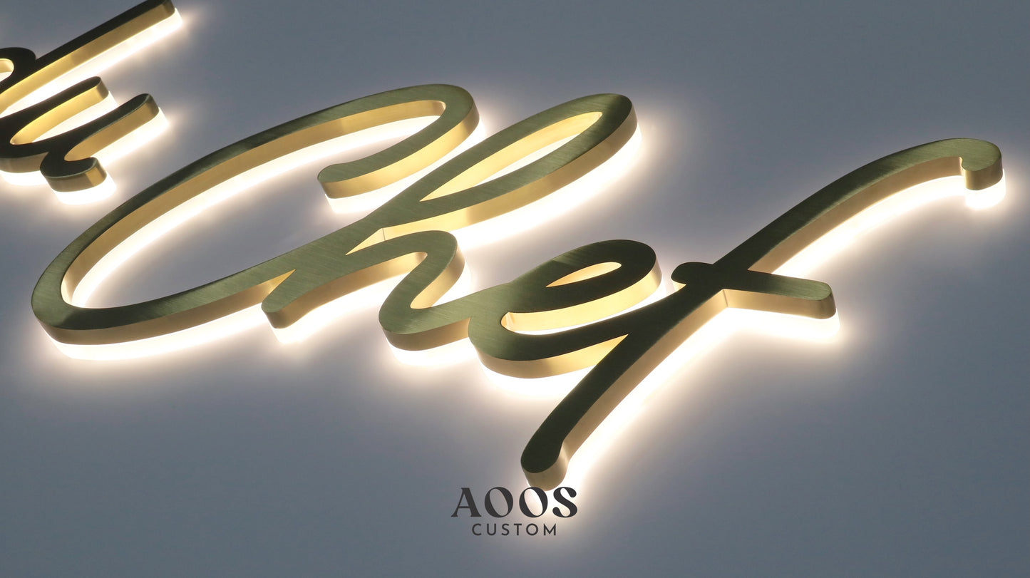 Custom LED Backlit Script Letters, Halo Lit Illuminated Metal Sign With Backlight, Brushed Gold Finish and Warm Halo Glow