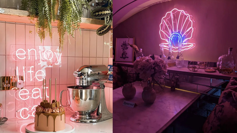 Real glass neon signs installed in a kitchen and a bar interior