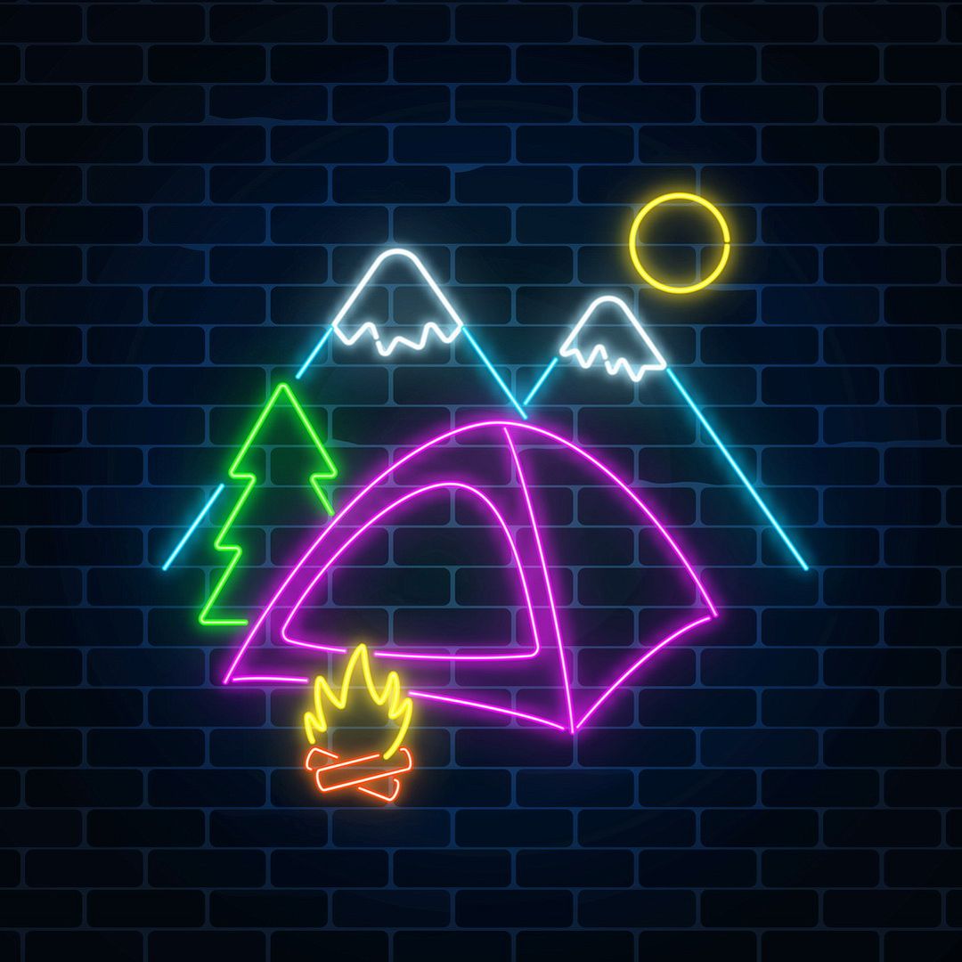 Camping Tent Bonfire Mountains LED Neon Sign, Dimmable Wall Light 24 in / Single Color / Indoor