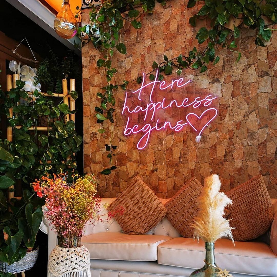 Here Happiness Begins Neon Sign