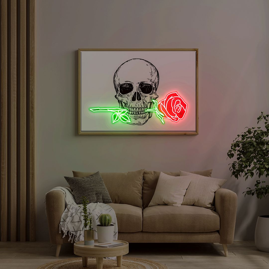Skull With a Rose Neon Sign