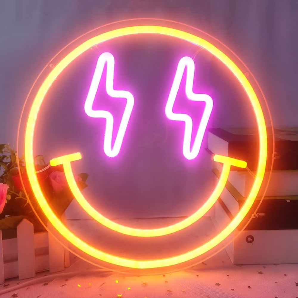 Smiley Face Lighting Bolt Neon Sign