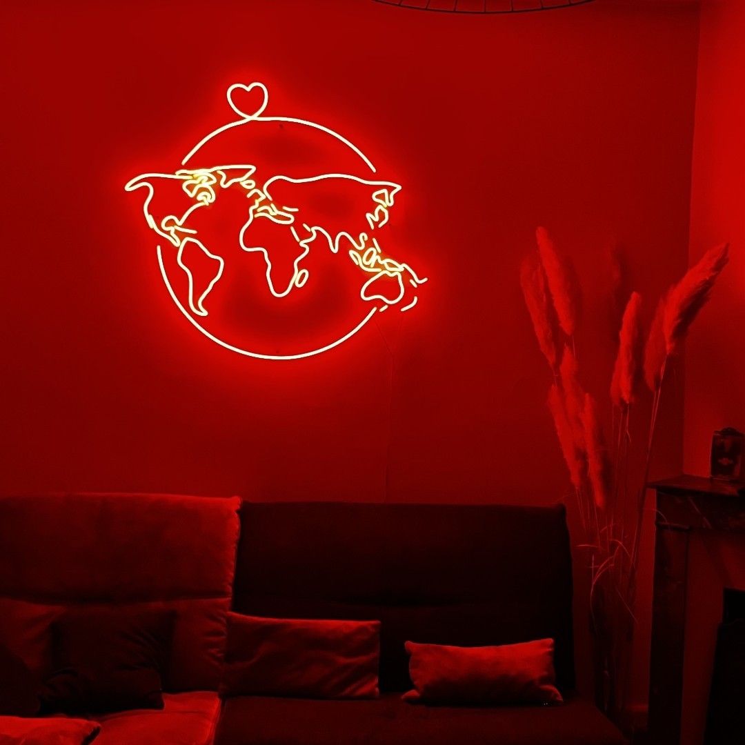 World Map Globe with Heart Neon Sign