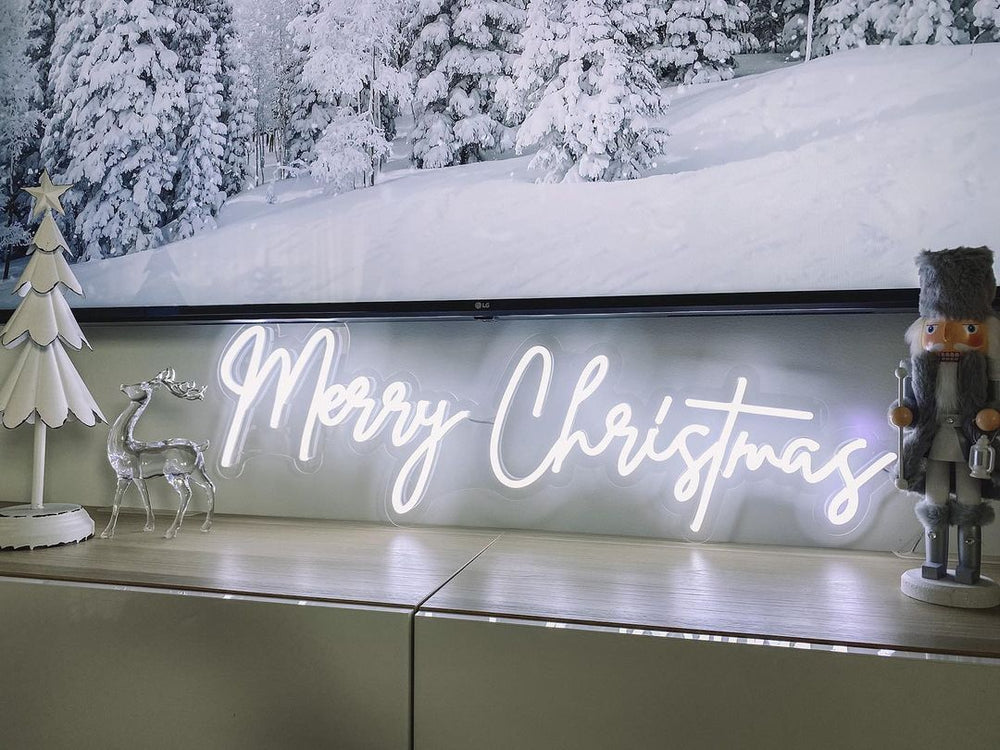 Merry Christmas neon sign used in a seasonal display