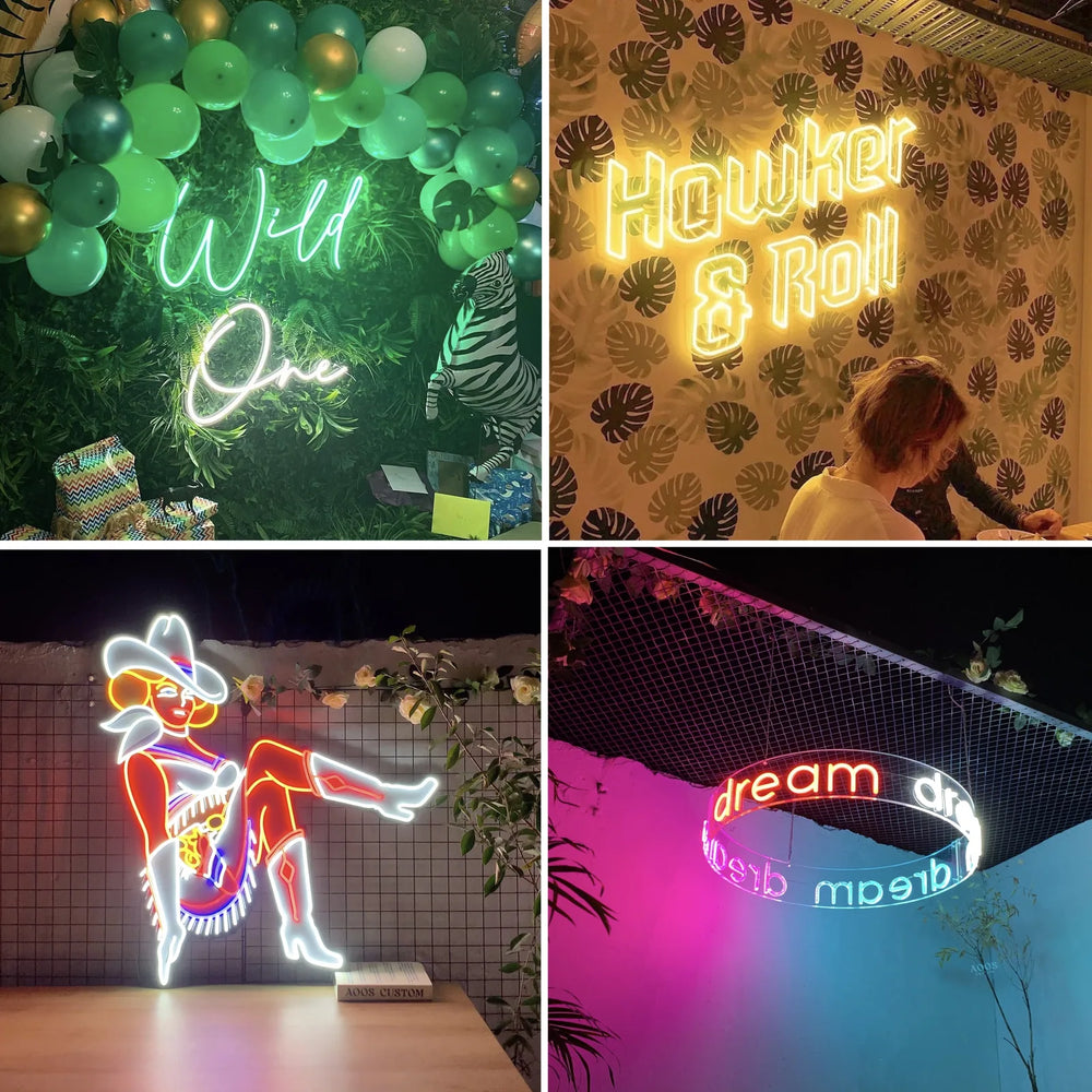 Custom LED neon sign lit on a wall, the finished result of a custom order