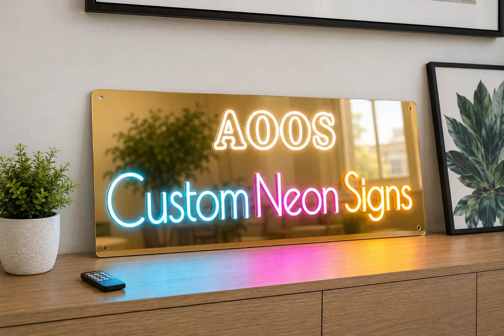 LED neon sign lit in a saturated color on a gold mirror backboard