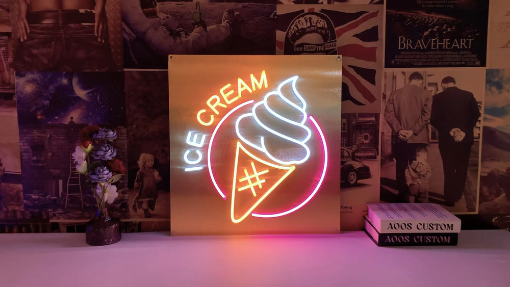 Custom neon sign lighting the interior of a dessert shop