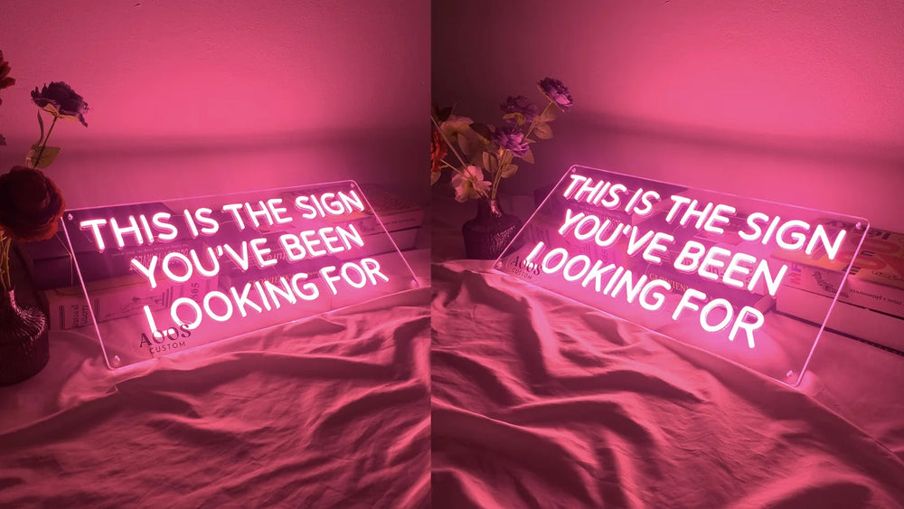 Finished custom neon sign lit on a wall, photographed rather than rendered