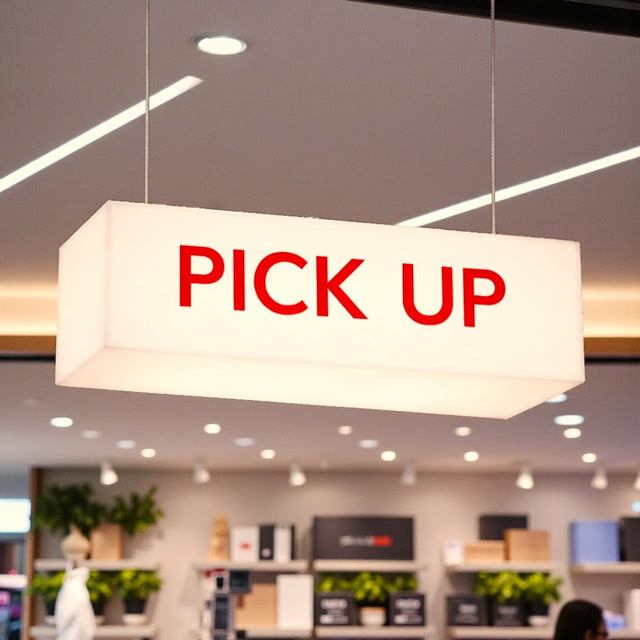 Hanging PICK UP Sign, Double Sided LED Light Box, Ceiling Mounted Customer Order Indicator for Restaurant, Cafe & Boutique, High Visibility Retro Style Illuminated Hanging Sign for