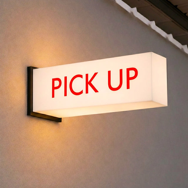 Double Sided PICK UP Sign, Perpendicular Side Mount LED Light Box, Flag Mounted Customer Order Indicator for Restaurant, Cafe & Retail, High Visibility Wall Sign for Food Pickup & 