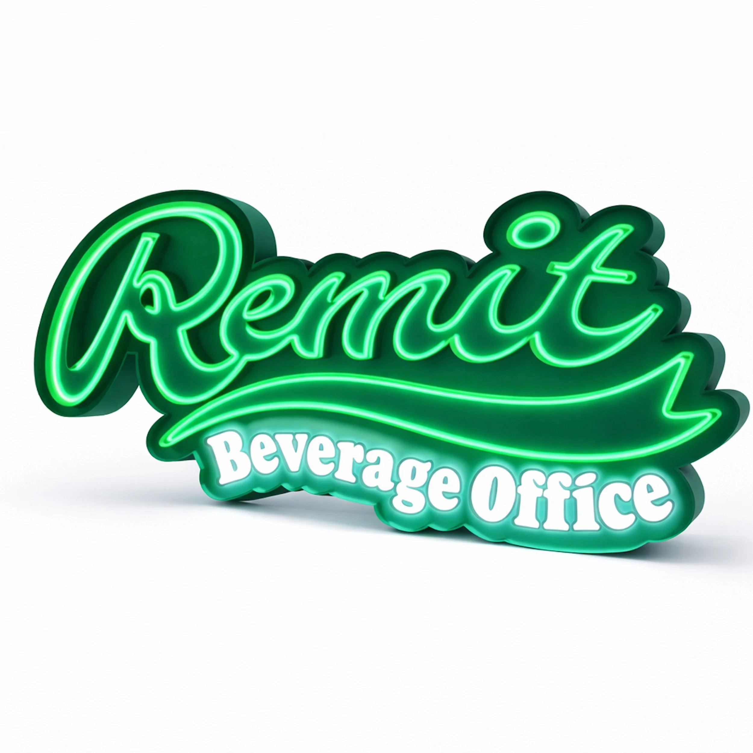 Custom LED neon channel letter sign with green Remit script and white Beverage Office lettering on a shaped dimensional backing