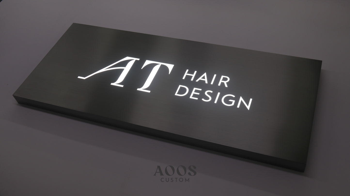 Custom Brushed Stainless Steel Front-Lit Cut-Out LED Light Box Sign, Illuminated Metal Panel Sign for Shops, Hair Salons & Modern Storefront Branding