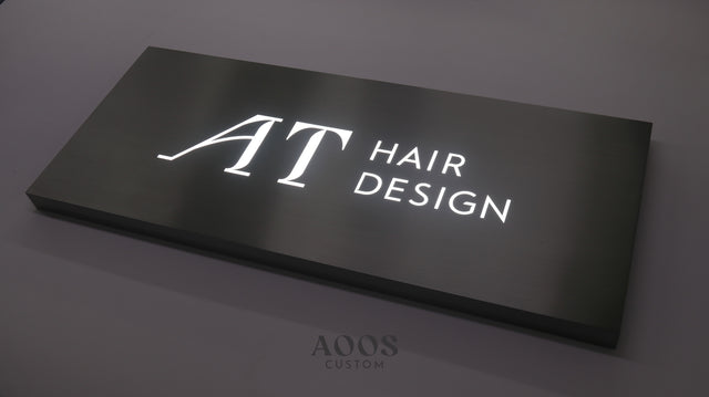 Custom Brushed Stainless Steel Front-Lit Cut-Out LED Light Box Sign, Illuminated Metal Panel Sign for Shops, Hair Salons & Modern Storefront Branding