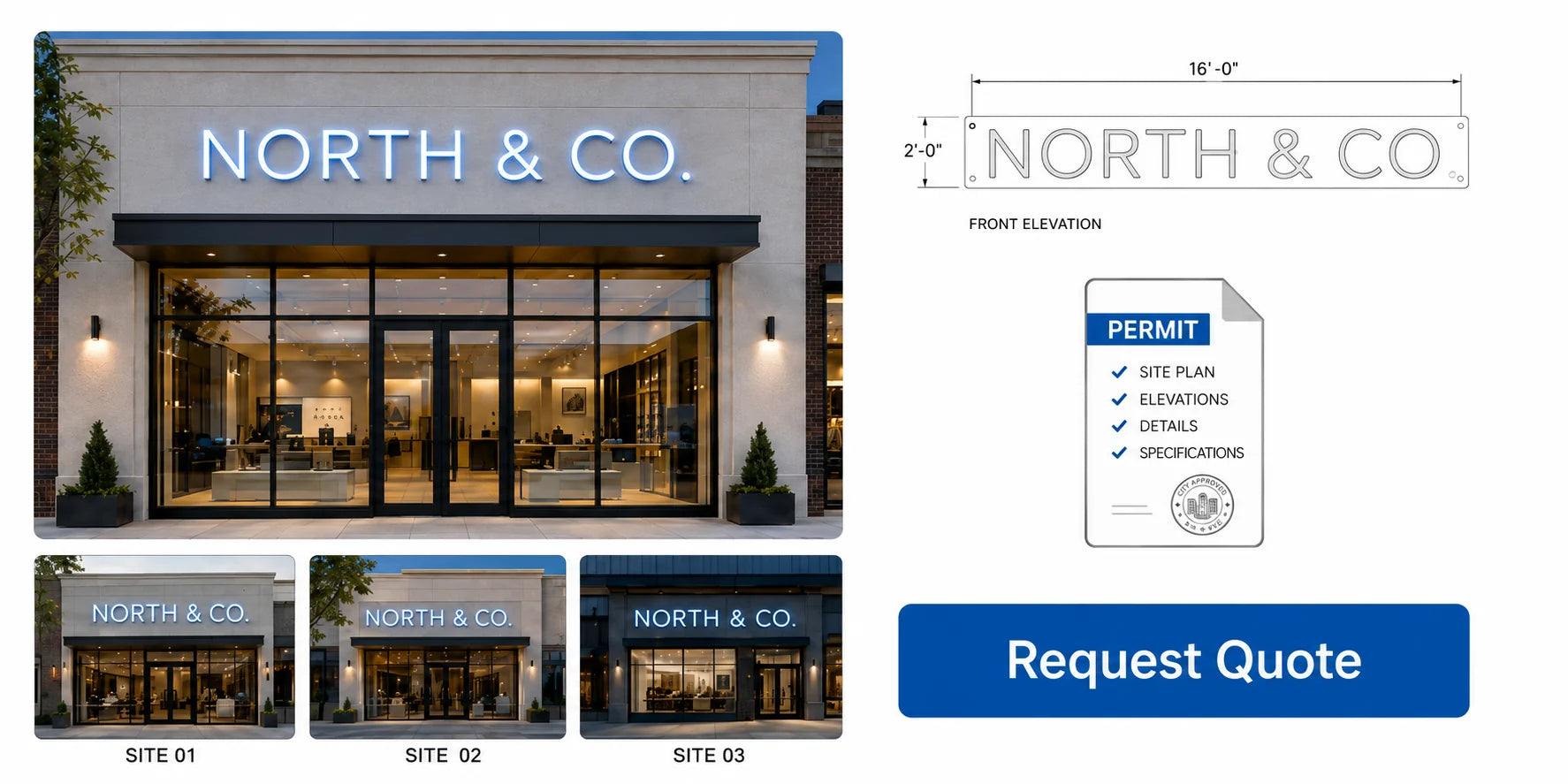 Custom business storefront neon sign with front elevation and permit