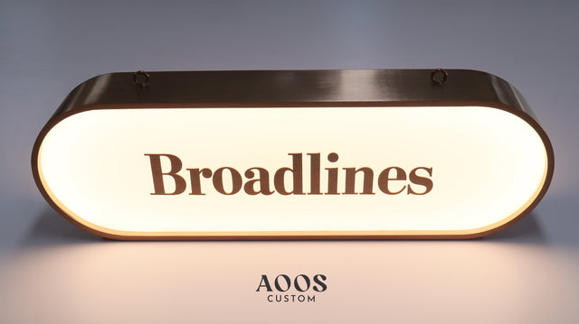 Custom Ceiling Hanging Double Sided LED Hanging Light Box Business Sign, Elongated Oval Capsule Light Box, Brushed Rose Gold Frame Illuminated Signage for Retail Stores, Cafés, Bou