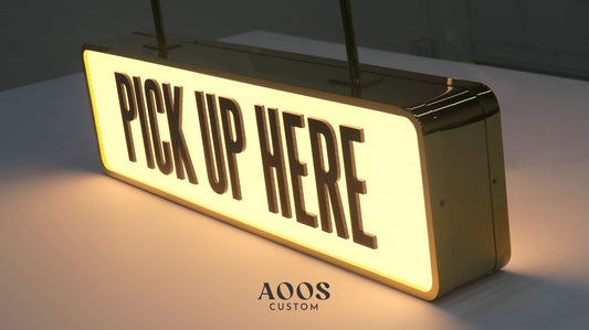 Custom Ceiling Hanging Double Sided LED Light Box Business Sign, Rectangular Illuminated Light Box, Mirror-Finish Gold Metal Frame for Retail Stores, Cafés, Boutiques, and Indoor Branding