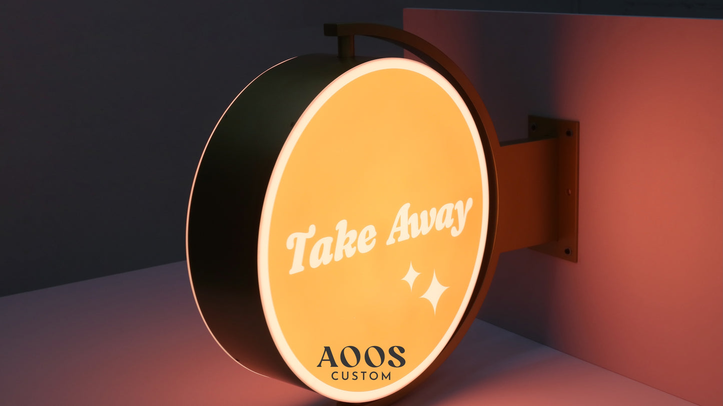 Custom Double Sided Rotating LED Light Box Sign, Wall Mounted Round Shop Sign with Frosted Gold Frame, Illuminated Logo Display for Cafés, Takeaway Counters & Retail Branding