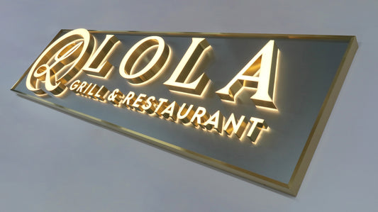 Custom Front-Lit and Backlit LED Channel Letters, 3D Illuminated Business Logo Lighted Letters, Mounted on a Gold-Framed Backer Panel