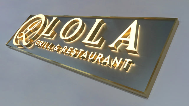 Custom Front-Lit and Backlit LED Channel Letters, 3D Illuminated Business Logo Lighted Letters, Mounted on a Gold-Framed Backer Panel neon sign