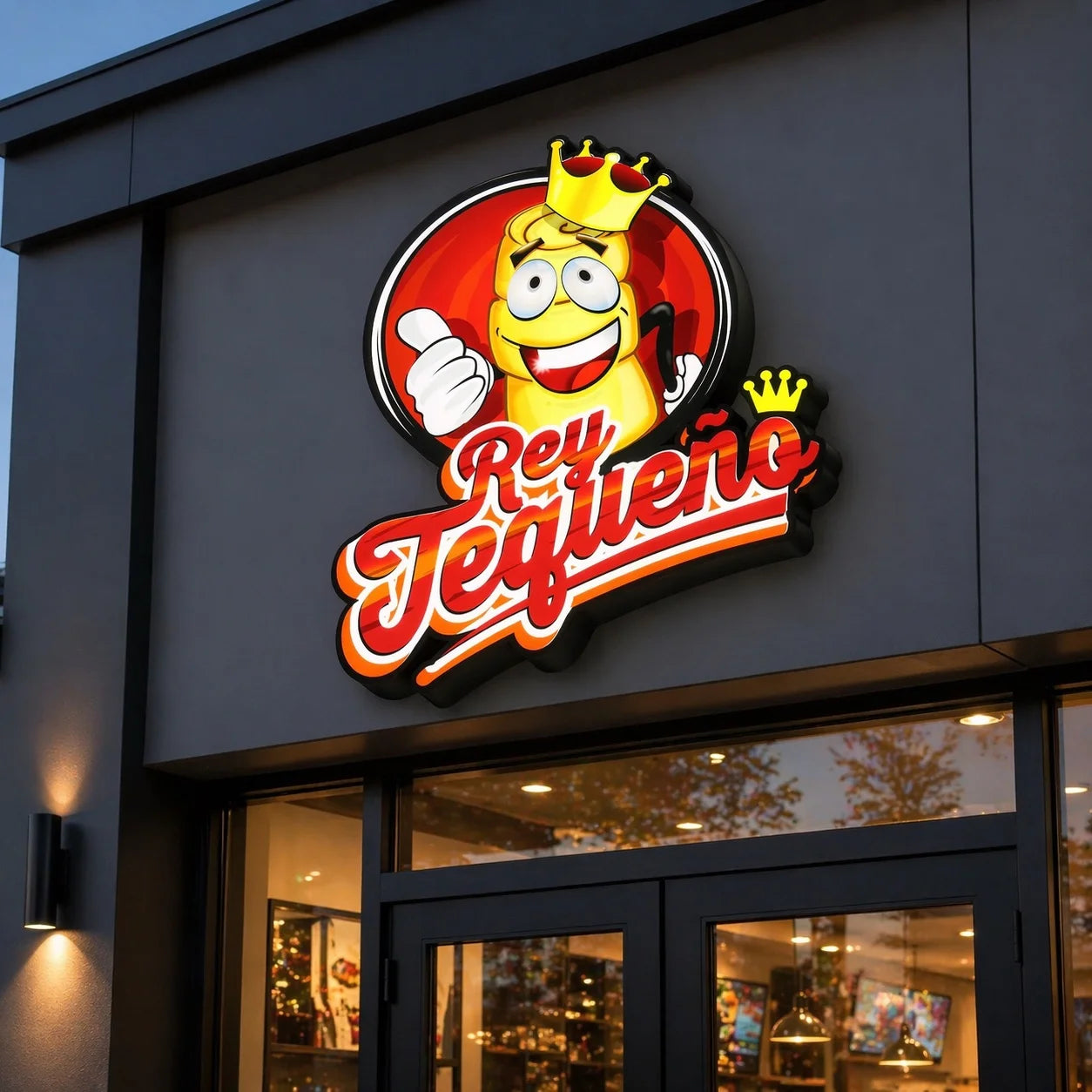 A custom front-lit channel letters storefront sign is professionally mounted on a modern commercial building facade above the main entrance. The illuminated sign features a bold, layered construction with a black trim cap and deep 3D side returns, creating a clean and premium dimensional appearance. The face is made with full-color printed acrylic, producing bright and vivid illumination across the design.