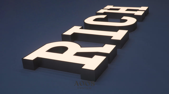 Custom Front-Lit LED Channel Letters, Face Lit Outdoor Storefront Light Up Sign, Brushed Metal Returns