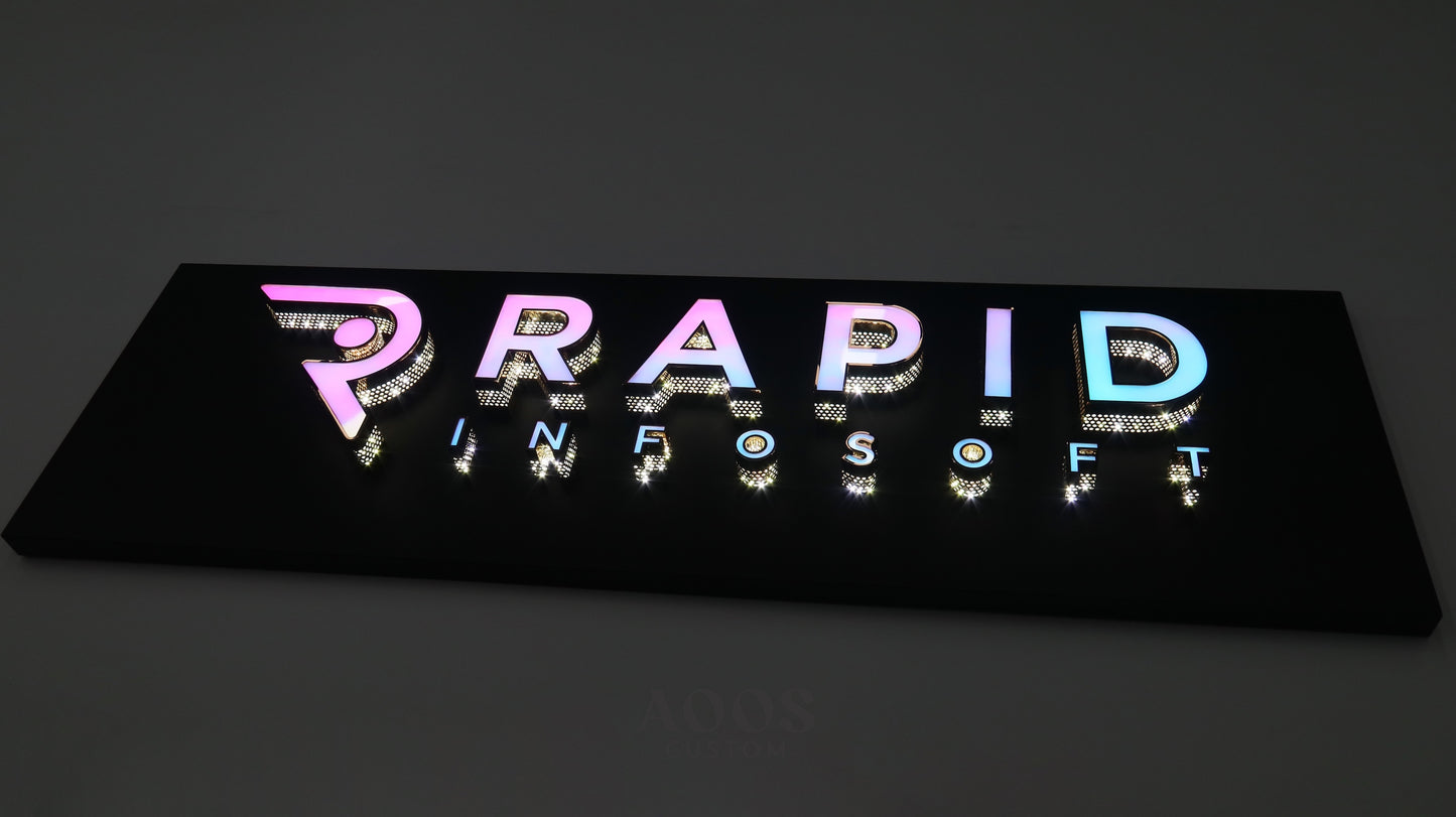 Custom Gradient Front-Lit LED Channel Letter Sign with Perforated Metal Sides, Custom 3D Acrylic Logo with Backlit Glow, Mounted on Metal Backboard
