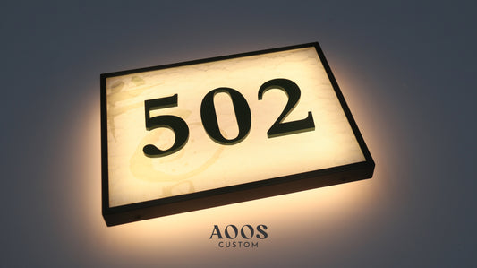 Custom Illuminated Room Number Sign with Metal Frame, Backlit Hotel Door Plaque with Textured Glass Panel, Wayfinding Numbers for Guestrooms