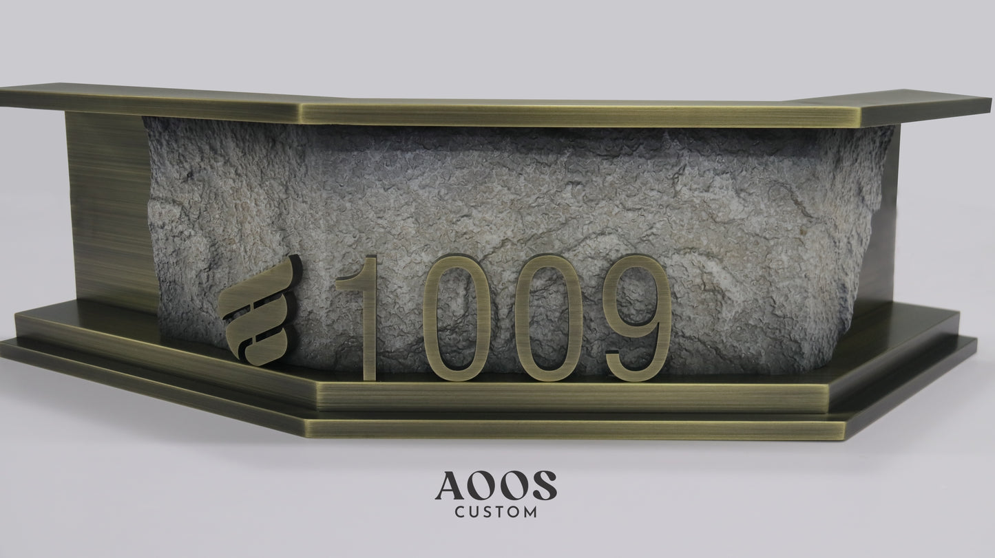 Custom Irregular House Number Sign for Corner or Uneven Walls, Textured Stone and Metal Address Plaque, Architectural Exterior Wayfinding Signage