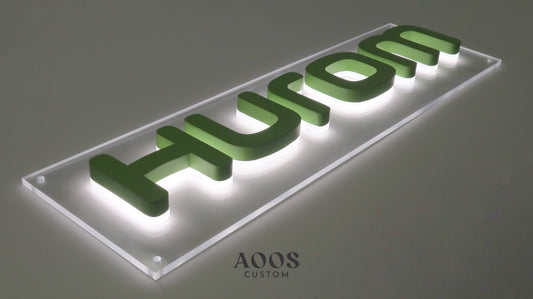 Custom LED Backlit Channel Letters, Cool White Under Glow Lighting, Matte Green Finish, Mounted on Clear Acrylic Backboard