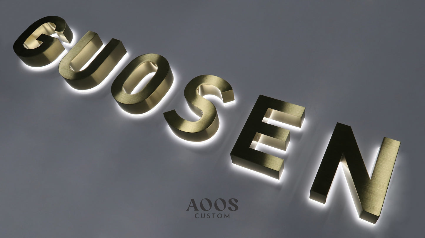 Custom LED Backlit Channel Letters, Halo Lit Illuminated Metal Sign With Backlight, Brushed Gold