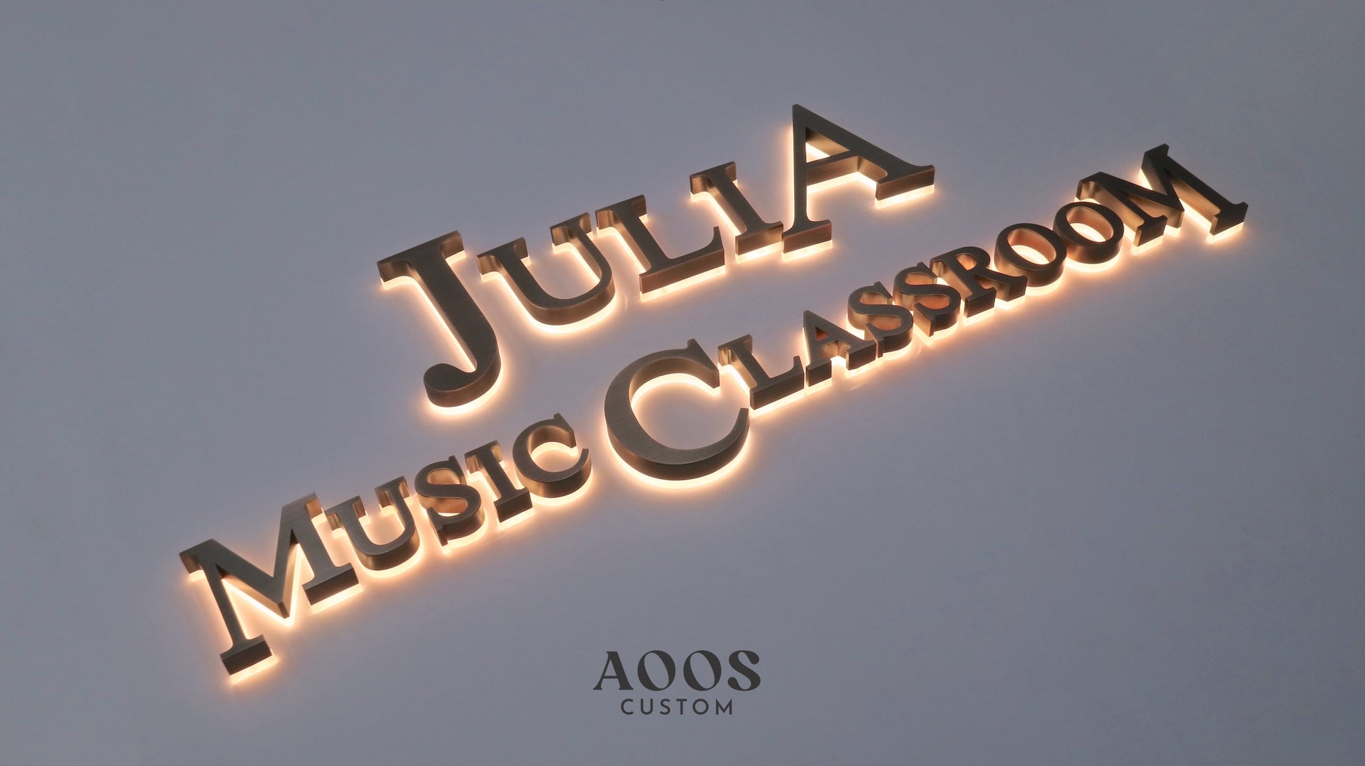 Custom LED Backlit Channel Letters, Halo Lit Illuminated Metal Sign With Backlight, Brushed Red Copper Finish