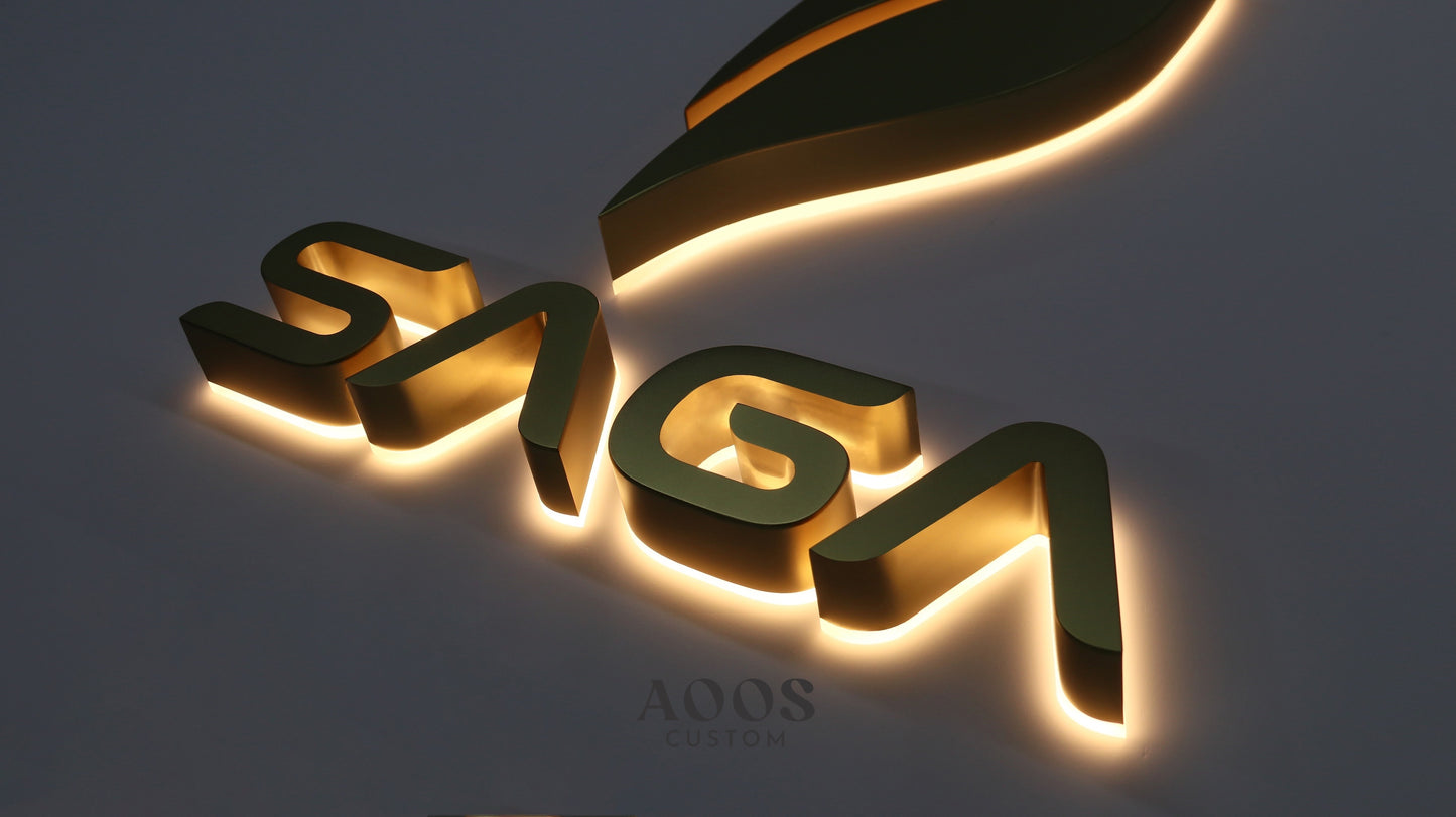 Custom LED Backlit Channel Letters, Halo Lit Illuminated Metal Sign With Backlight, Matte Gold Finish