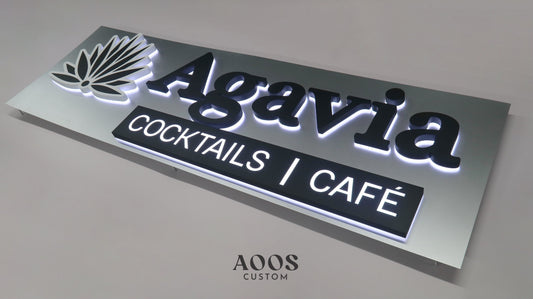 Custom LED Backlit Channel Letters, Halo Lit Illuminated Metal Sign With Backlight, Mounted on Brushed Stainless Steel Backing