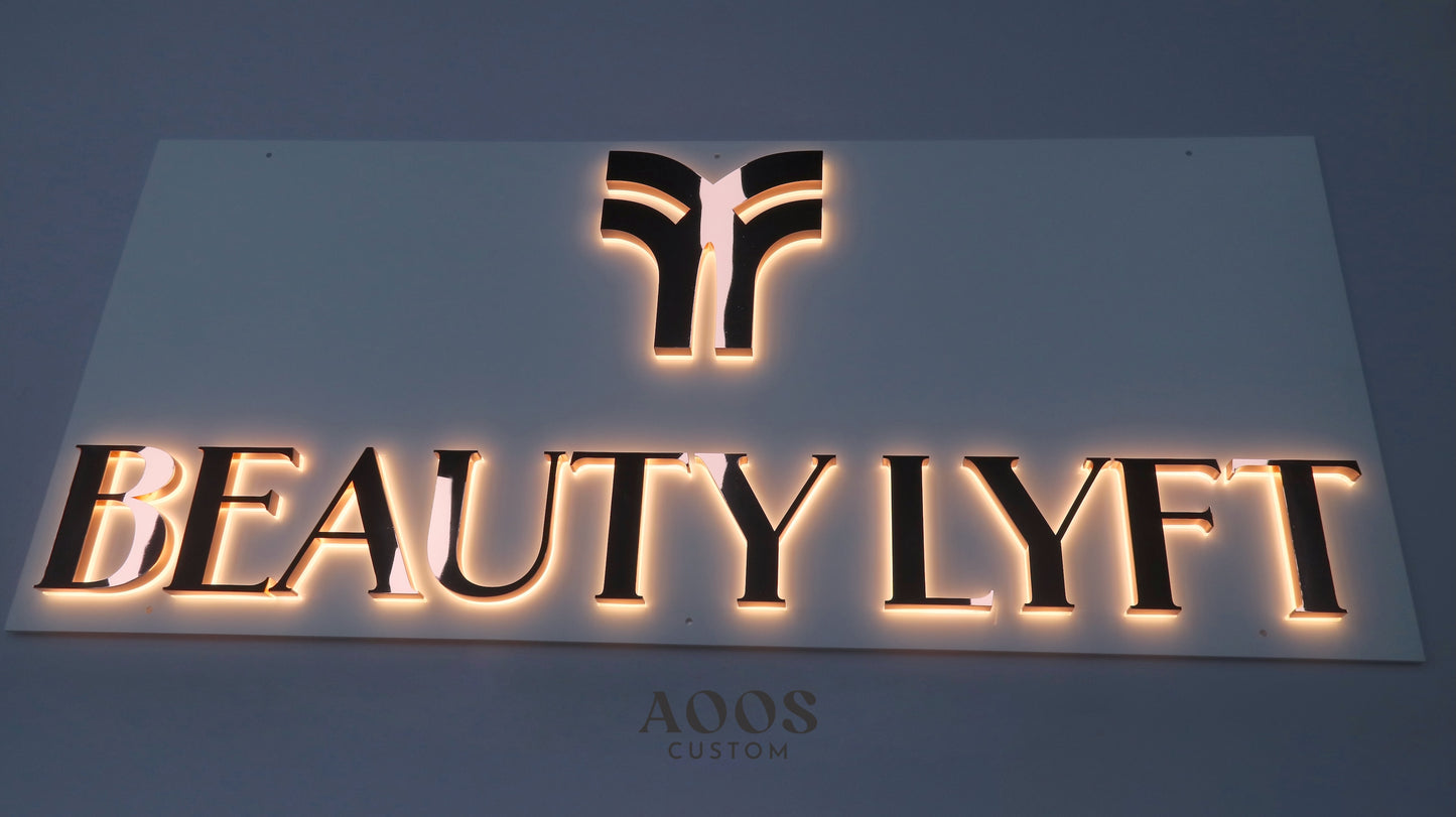 Custom LED Backlit Channel Letters, Halo Lit Illuminated Metal Sign With Backlight, Rose Gold Finish, Mounted on White Backing