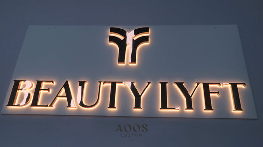 Custom LED Backlit Channel Letters, Halo Lit Illuminated Metal Sign With Backlight, Rose Gold Finish, Mounted on White Backing