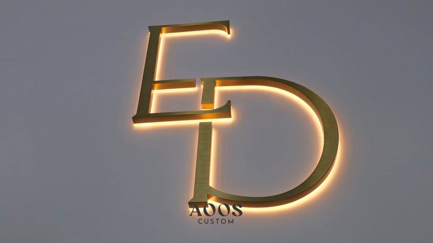 Custom LED Backlit Letters, Halo Lit Illuminated Metal Sign With Backlight, Minimalist Design, Brushed Gold Stainless Steel Finish